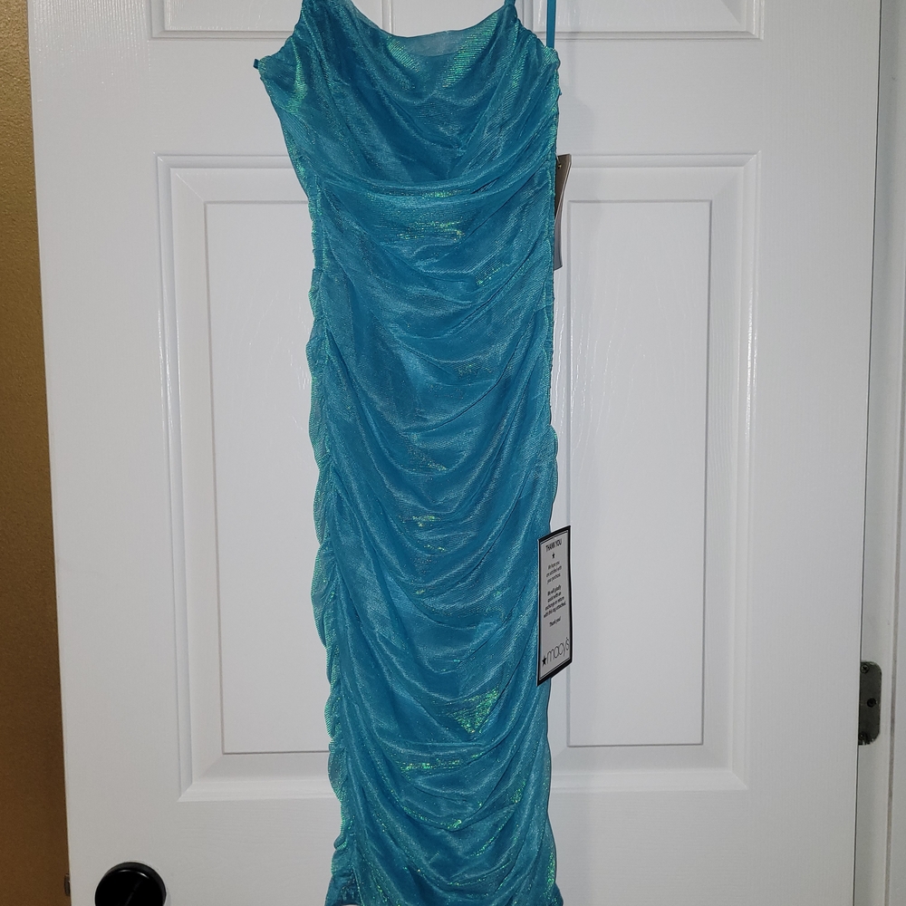 Chic Turquoise Ruched Mini Dress - Picture 2 of 5